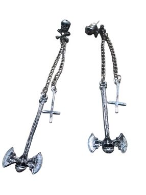 Goth Skull Cross Battle Axe Chain Dangle Earrings Silver Tone Punk Gothic